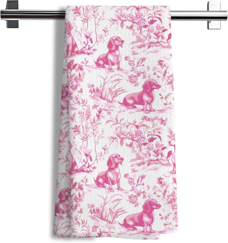 Nipil Pink Chinoiserie Golden Retriever Kitchen Towels, Pink Floral Golden Retriever Decorative Dish Tea Towels, Grandmillennial Botanical Dog Hand Towels for Kitchen Bathroom, 16x24 Inch - Image 1